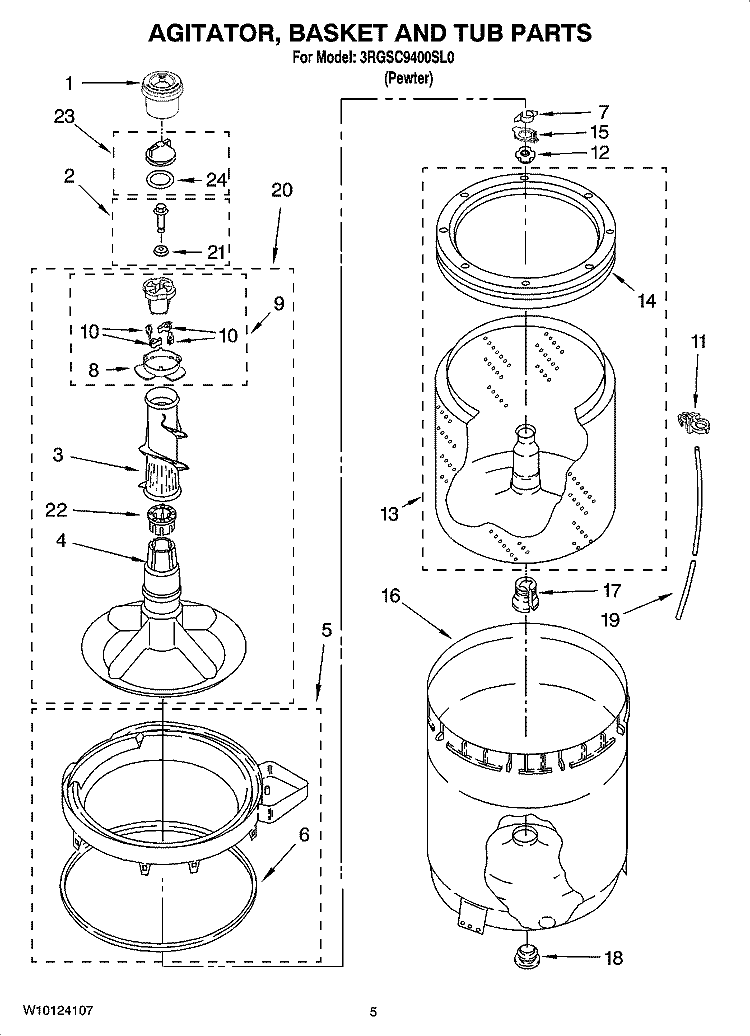 AGITATOR, BASKET AND TUB PARTS Diagram and Parts List for 3RGSC9400SL0  Whirlpool Washer