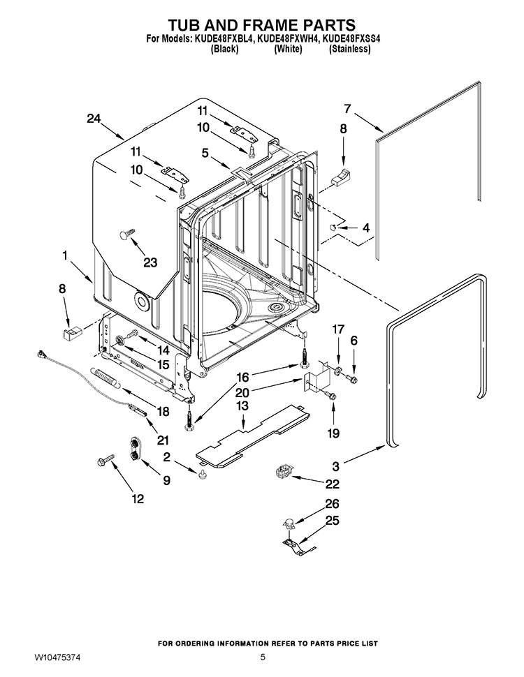 TUB AND FRAME PARTS Diagram and Parts List for KUDE48FXBL4  KitchenAid Dishwasher