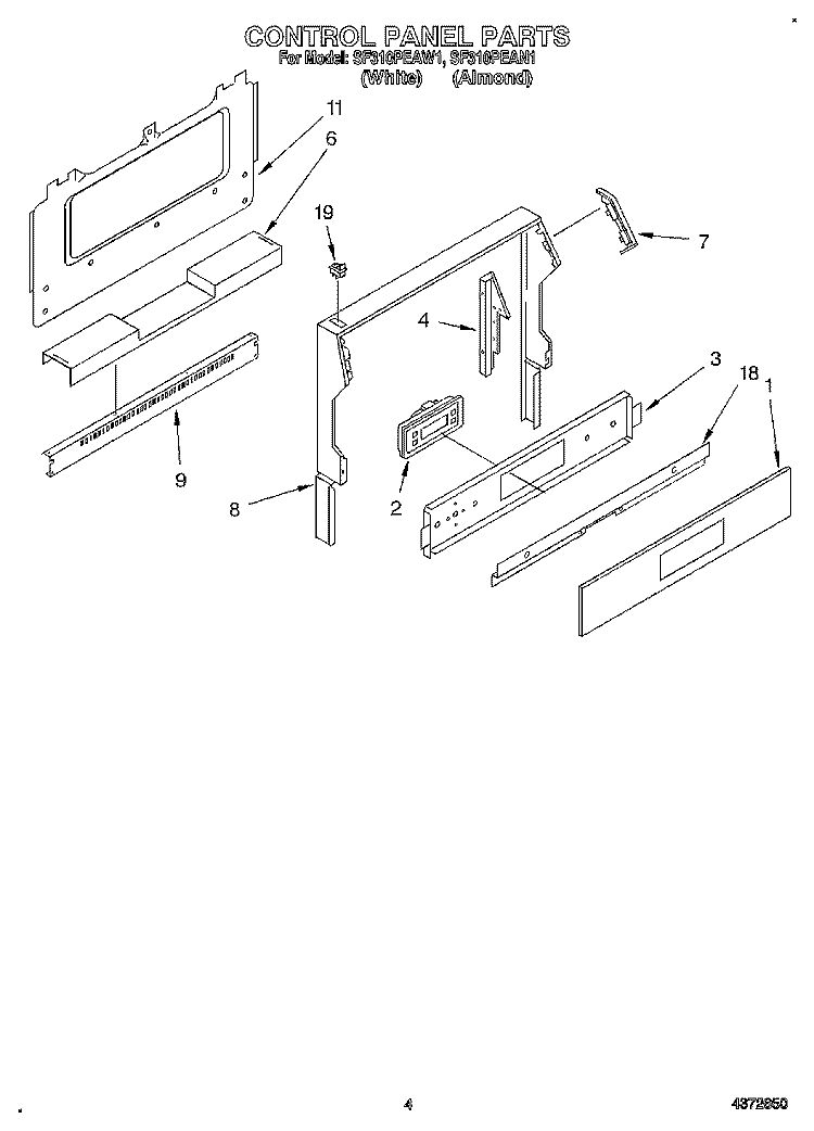 CONTROL PANEL Diagram and Parts List for SF310PEAW1  Whirlpool Range