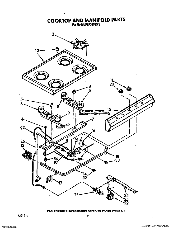 COOKTOP AND MANIFOLD, LIT/OPTIONAL Diagram and Parts List for FLP310VW5  Roper Range