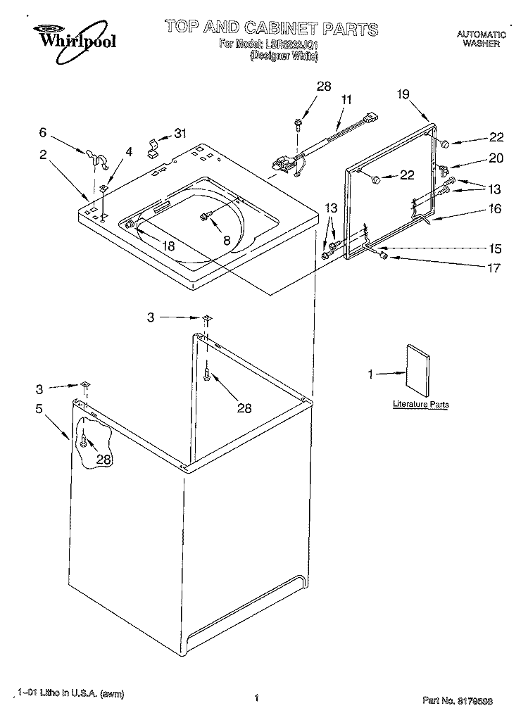 TOP AND CABINET, LITERATURE Diagram and Parts List for LSR6232JQ1  Whirlpool Washer