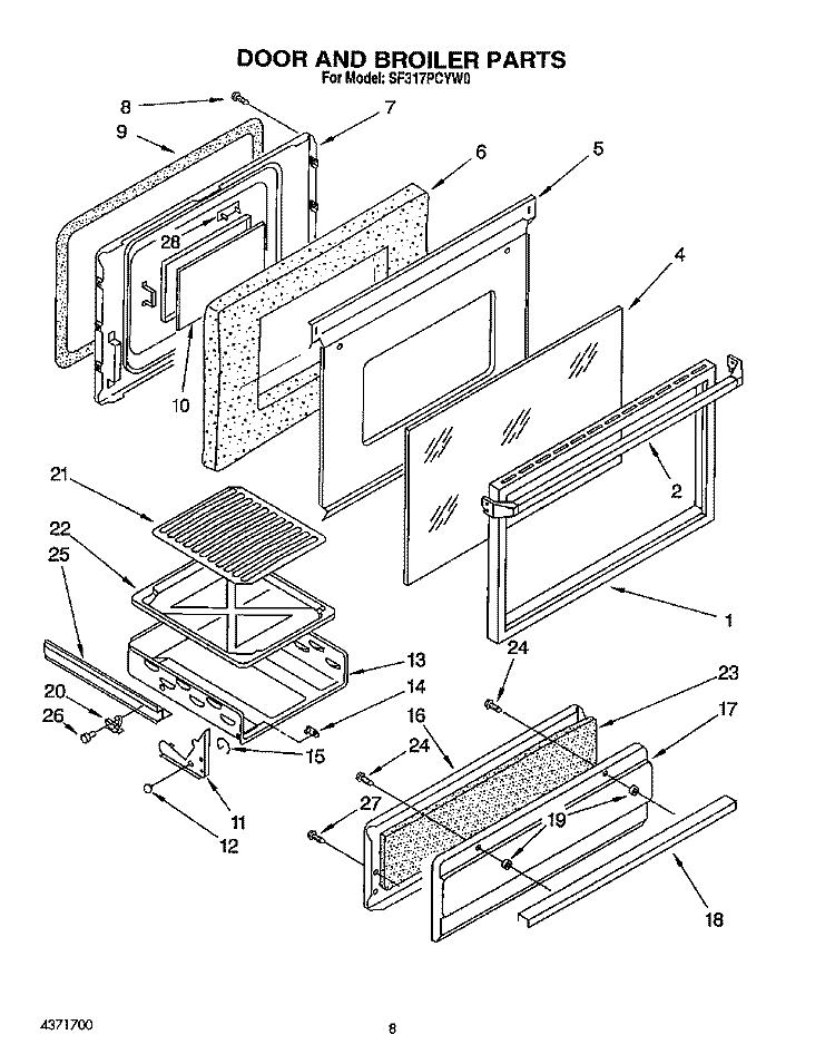 DOOR AND BROILER Diagram and Parts List for SF317PCYN0  Whirlpool Range