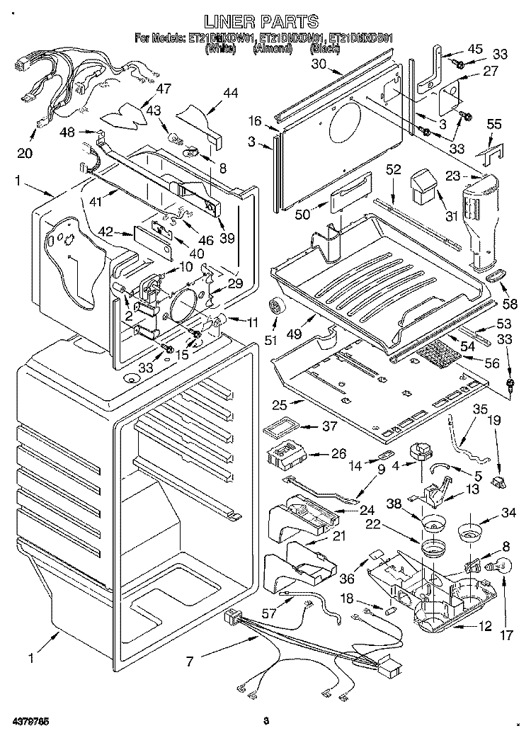 LINER Diagram and Parts List for ET21DMXDW01  Whirlpool Refrigerator