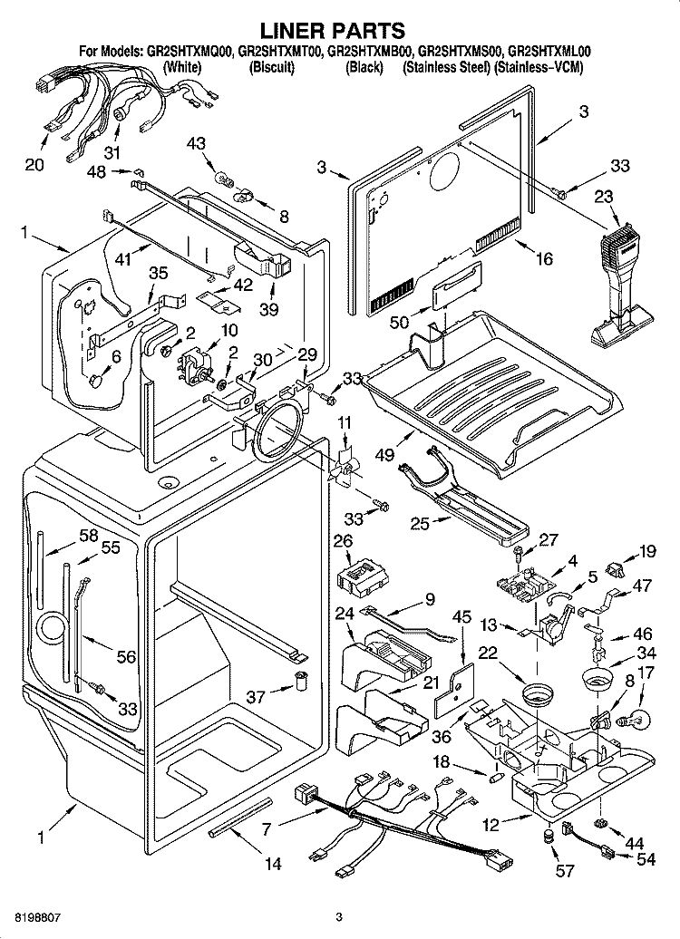 LINER PARTS Diagram and Parts List for GR2SHTXML00  Whirlpool Refrigerator