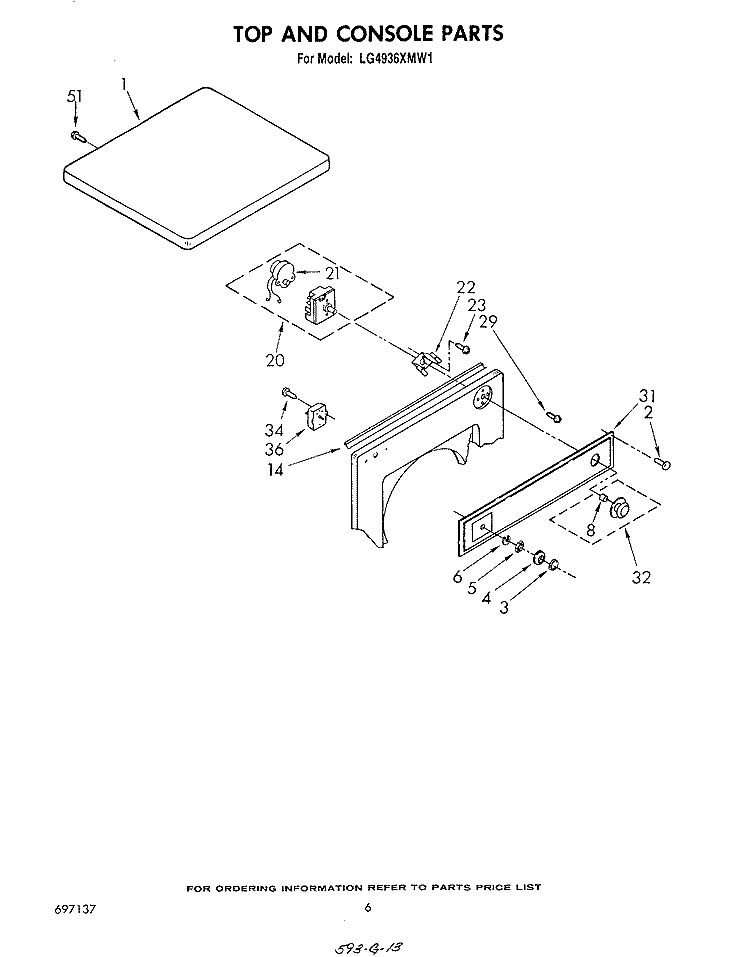 TOP AND CONSOLE Diagram and Parts List for LG4936XMW1  Whirlpool Dryer