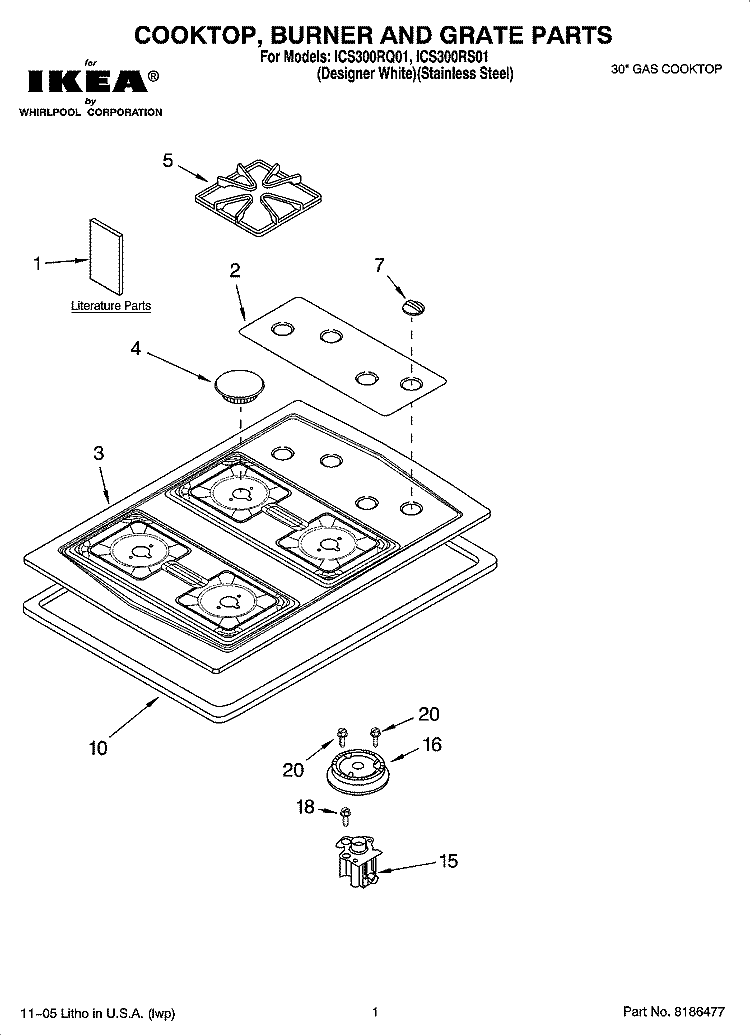 COOKTOP, BURNER AND GRATE PARTS Diagram and Parts List for ICS300RS01  Whirlpool Cooktop