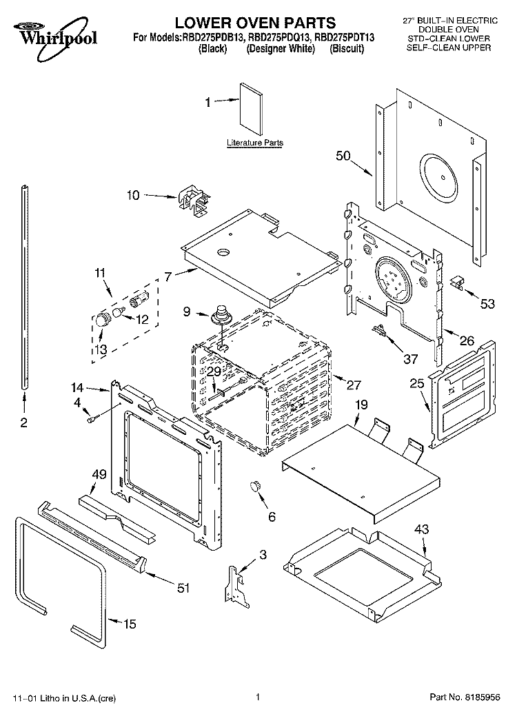 LOWER OVEN, LITERATURE Diagram and Parts List for RBD275PDT13  Whirlpool Wall Oven