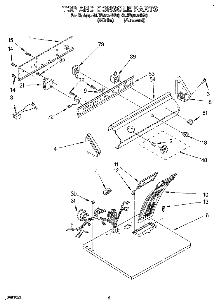 TOP AND CONSOLE, LIT/OPTIONAL Diagram and Parts List for GLER5434BW0  Whirlpool Dryer