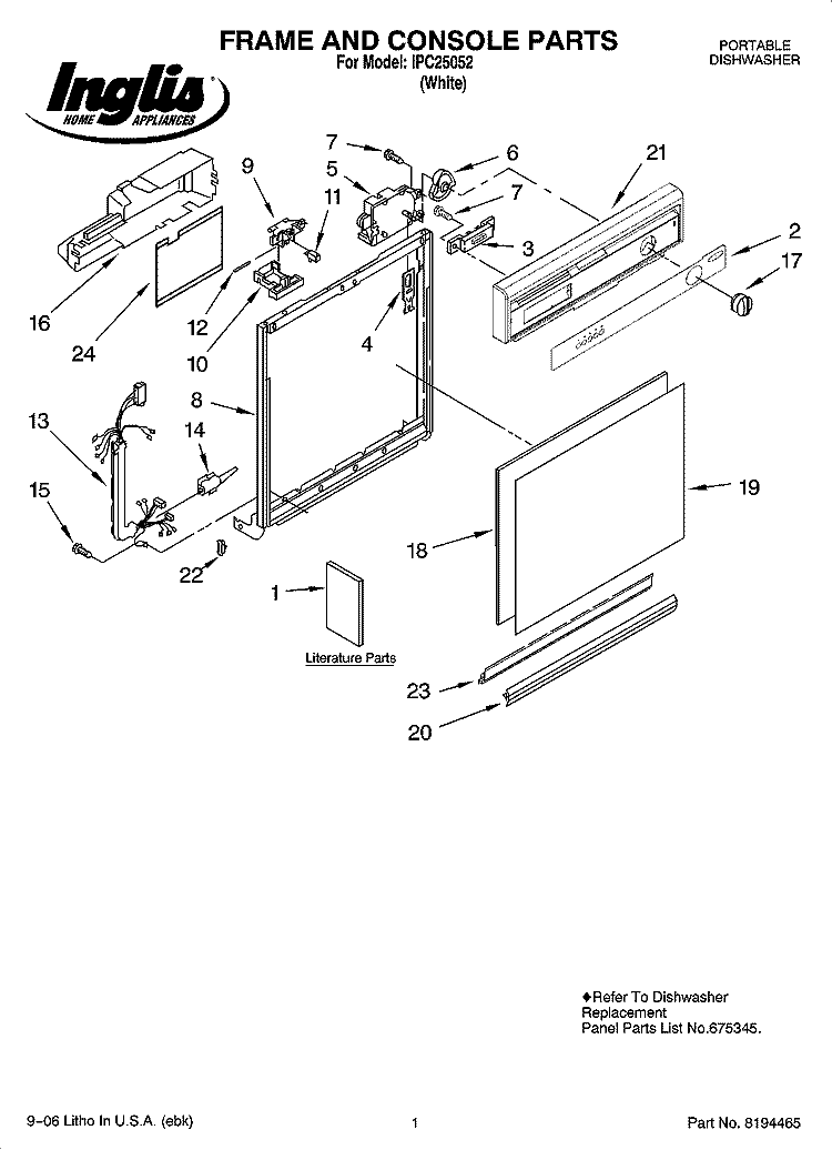 FRAME AND CONSOLE PARTS Diagram and Parts List for IPC25052  Inglis Dishwasher