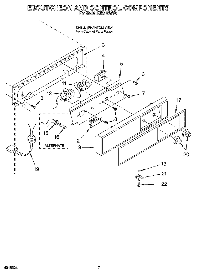 ESCUTCHEON AND CONTROL COMPONENTS Diagram and Parts List for EC5150WV2  Whirlpool Ice Maker
