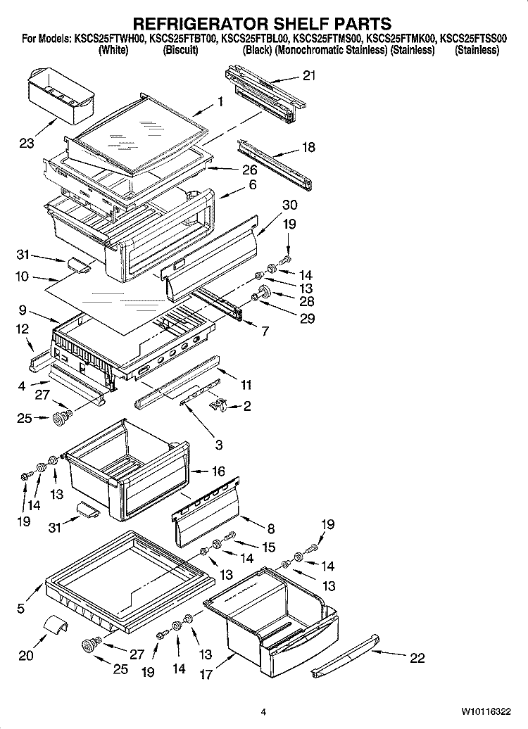 REFRIGERATOR SHELF PARTS Diagram and Parts List for KSCS25FTSS00  KitchenAid Refrigerator
