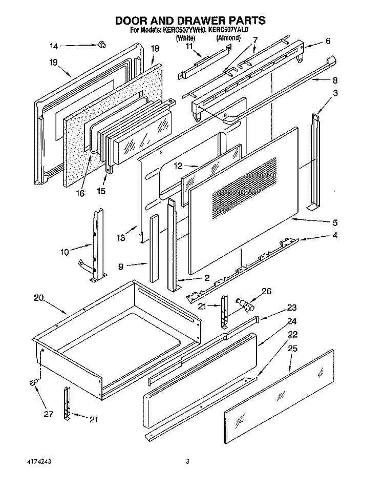 DOOR AND DRAWER Diagram and Parts List for KERC507YAL0  KitchenAid Range