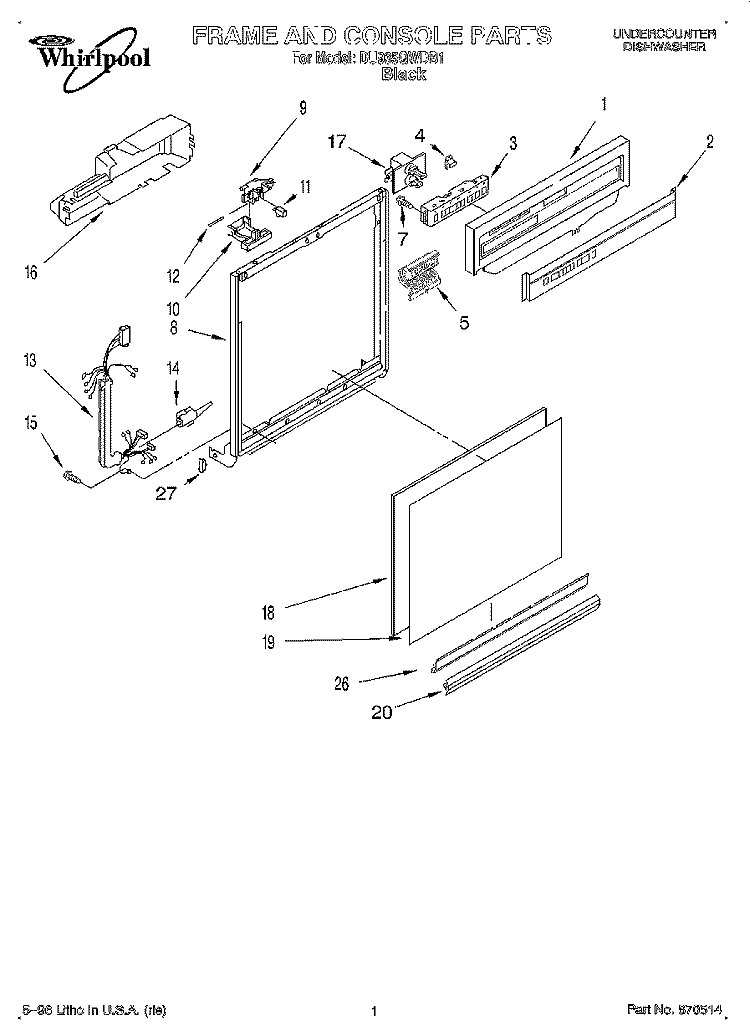 FRAME AND CONSOLE Diagram and Parts List for DU935QWDB1  Whirlpool Dishwasher