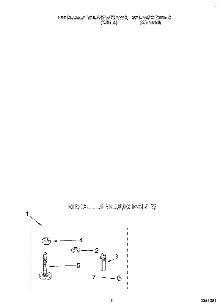 MISCELLANEOUS Diagram and Parts List for 3XLA87W72AW0  Whirlpool Washer