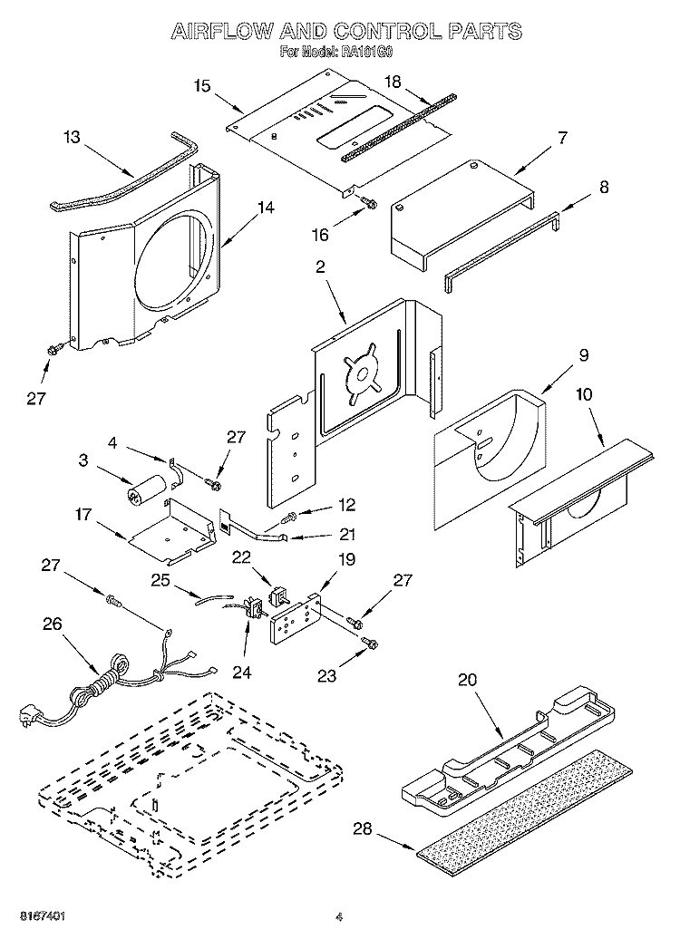 AIR FLOW AND CONTROL Diagram and Parts List for RA101G0  Whirlpool Air Conditioner