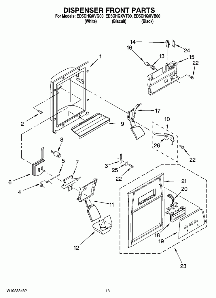 DISPENSER FRONT PARTS Diagram and Parts List for ED5CHQXVB00  Whirlpool Refrigerator