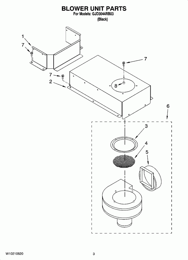 BLOWER UNIT PARTS, OPTIONAL PARTS Diagram and Parts List for GJD3044RB03  Whirlpool Cooktop