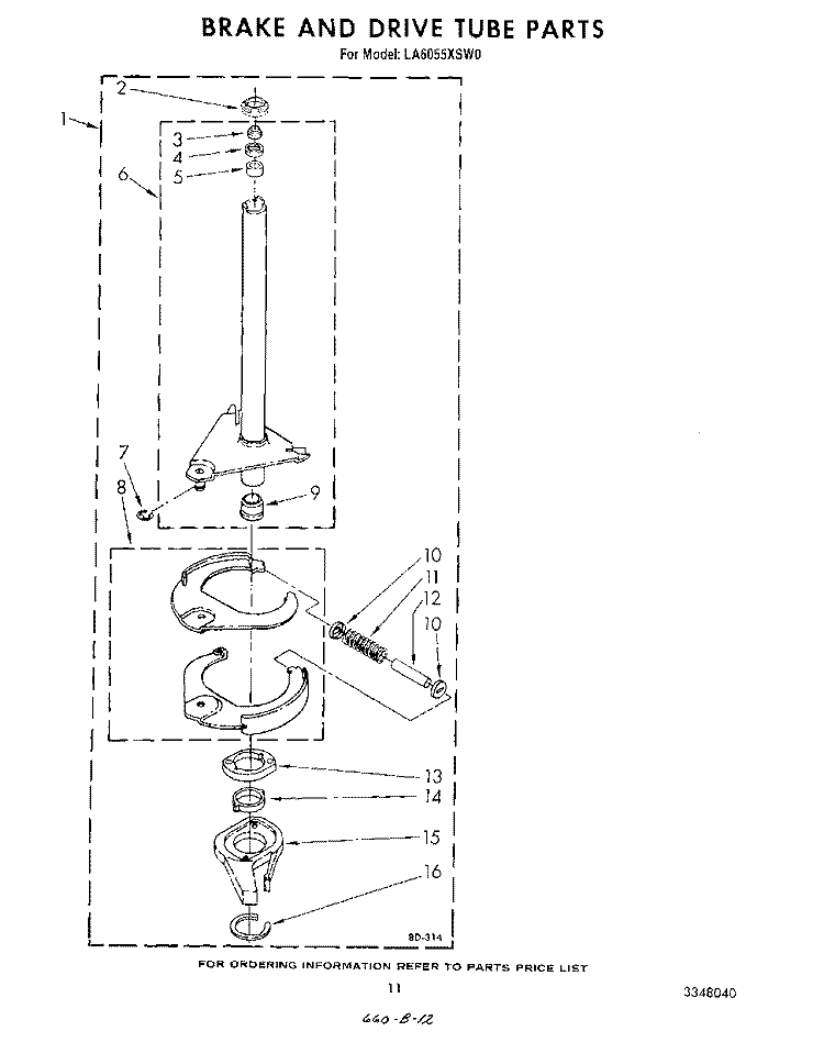 BRAKE AND DRIVE TUBE Diagram and Parts List for LA6055XSW0  Whirlpool Washer