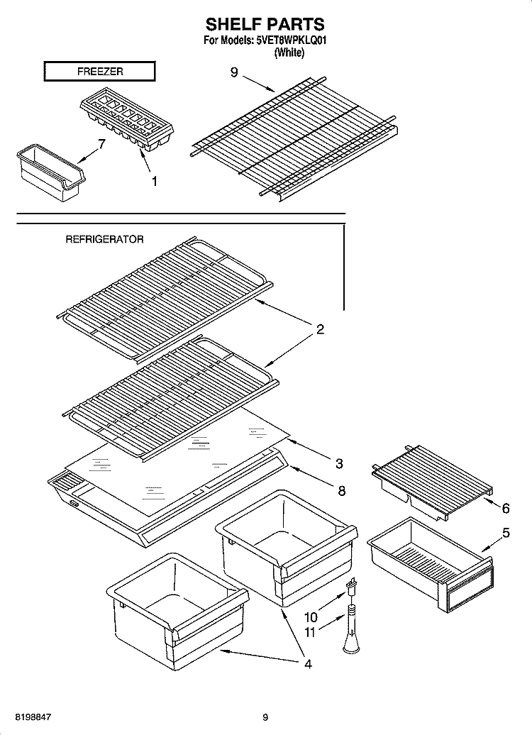 SHELF PARTS, OPTIONAL PARTS Diagram and Parts List for 5VET8WPKLQ01  Whirlpool Refrigerator