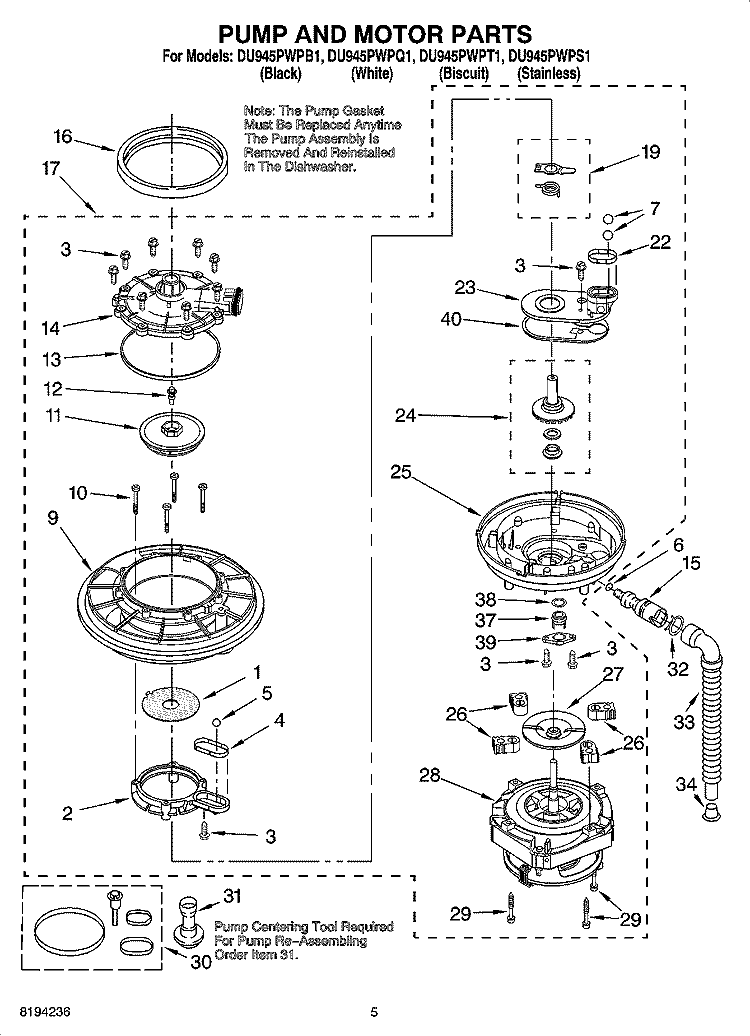 PUMP AND MOTOR PARTS Diagram and Parts List for DU945PWPT1  Whirlpool Dishwasher