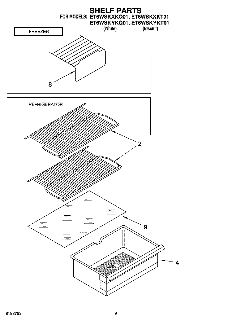 SHELF PARTS, OPTIONAL PARTS Diagram and Parts List for ET6WSKYKT01  Whirlpool Refrigerator