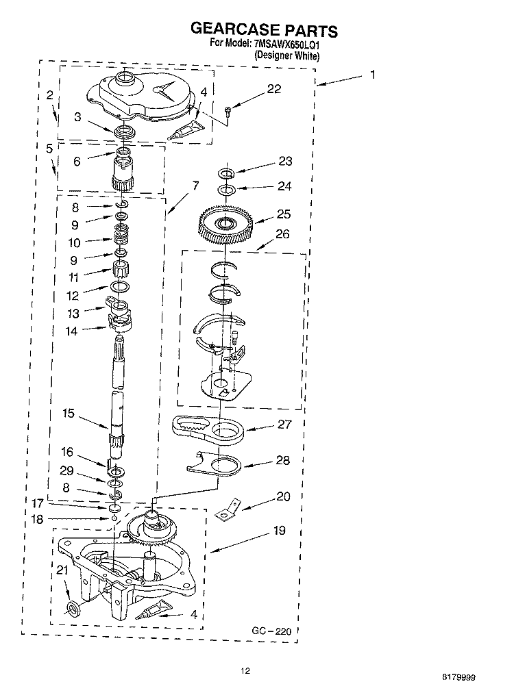 GEARCASE PARTS Diagram and Parts List for 7MSAWX650LQ1  Whirlpool Washer