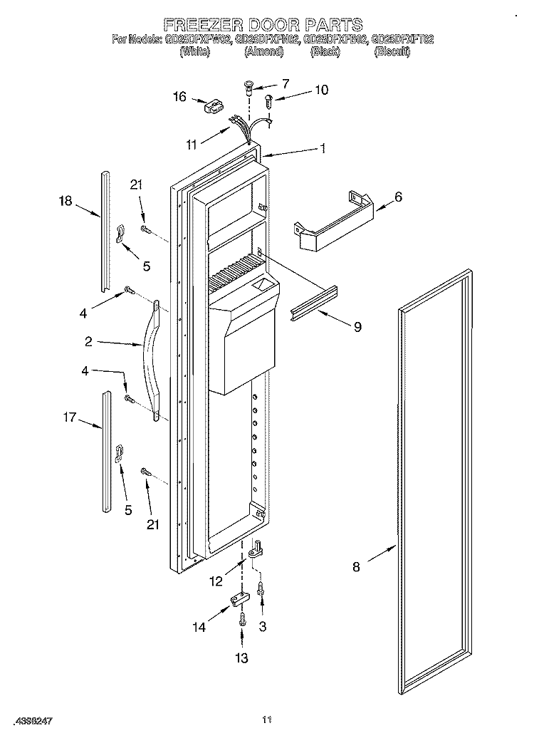 FREEZER DOOR Diagram and Parts List for GD25DFXFB02  Whirlpool Refrigerator