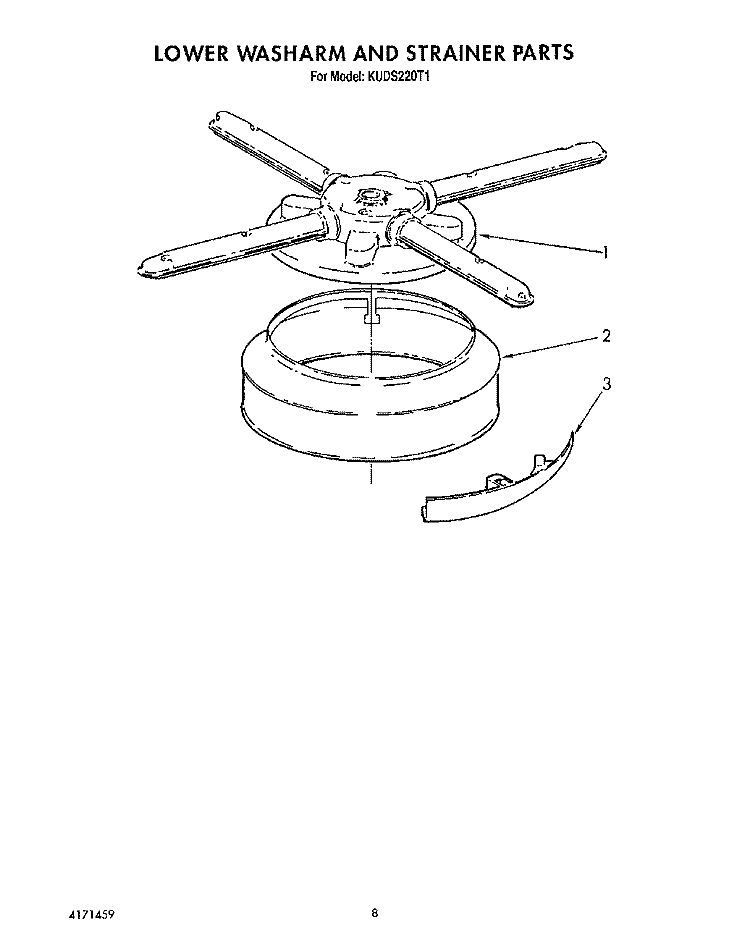 LOWER WASHARM AND STRAINER Diagram and Parts List for KUDS220T1  KitchenAid Dishwasher