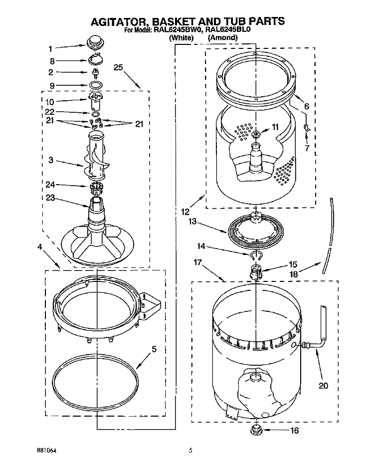 AGITATOR, BASKET AND TUB Diagram and Parts List for RAL6245BL0  Whirlpool Washer
