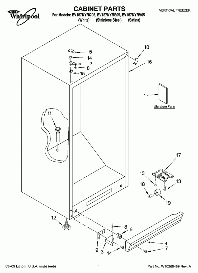 CABINET PARTS Diagram and Parts List for EV187NYRQ05  Whirlpool Freezer