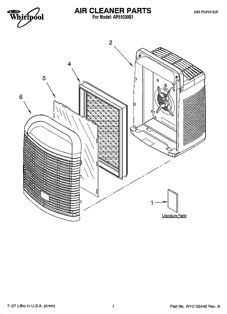 AIR CLEANER PARTS Diagram and Parts List for AP51030S1  Whirlpool Air Purifier
