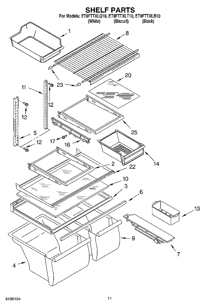 SHELF Diagram and Parts List for ET9FTTXLQ10  Whirlpool Refrigerator