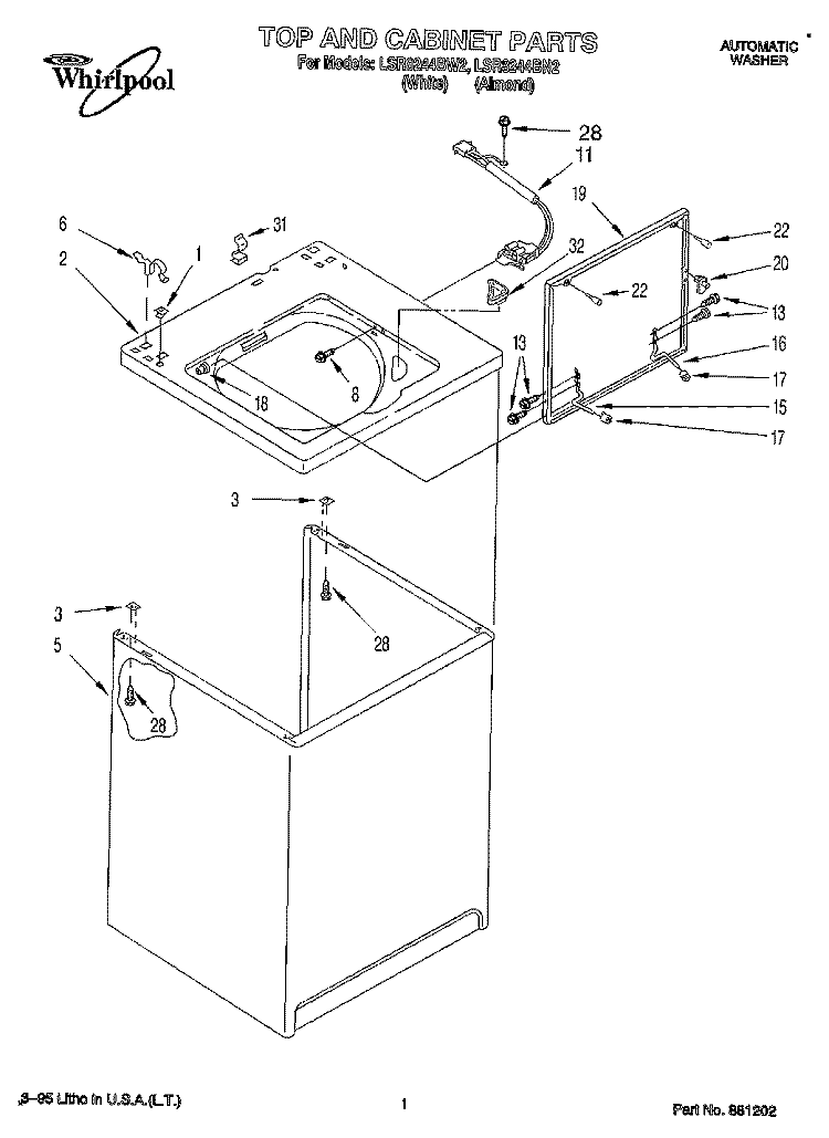 TOP AND CABINET, LIT/OPTIONAL Diagram and Parts List for LSR8244BW2  Whirlpool Washer