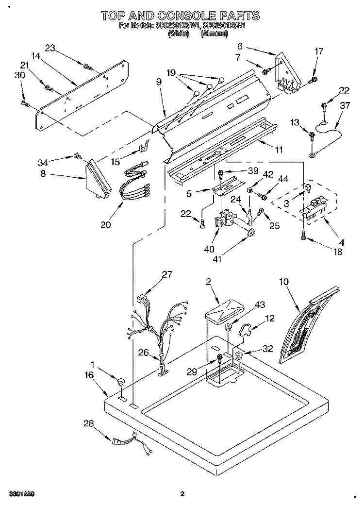 TOP AND CONSOLE Diagram and Parts List for 3CG2901XSW1  Whirlpool Dryer