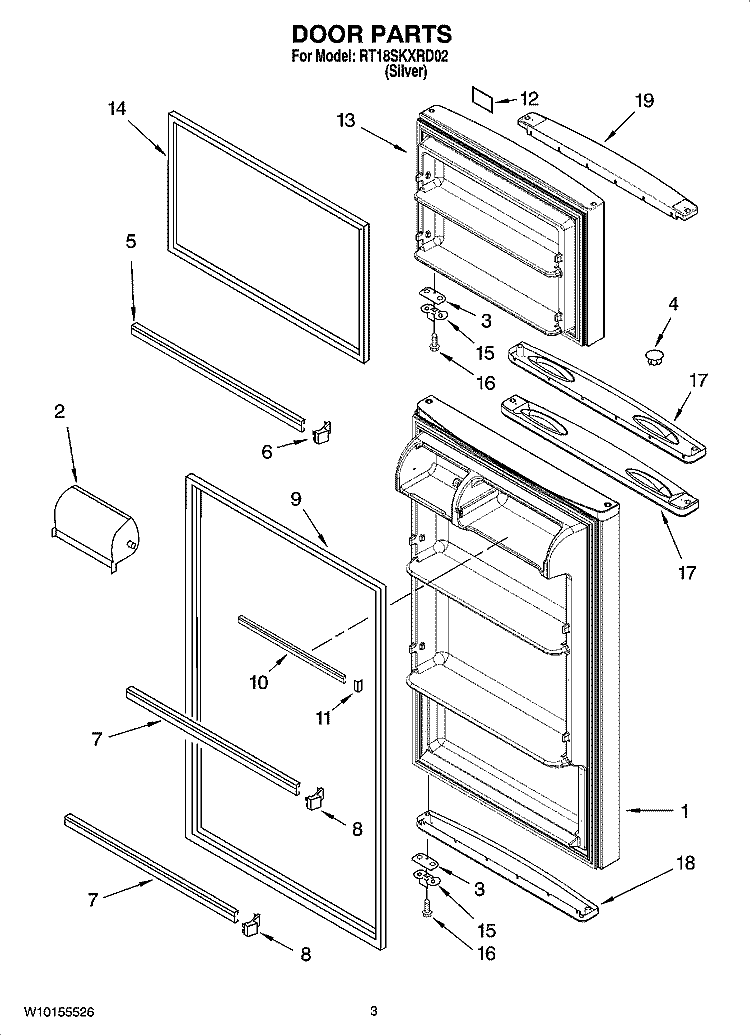 DOOR PARTS Diagram and Parts List for RT18SKXRD02  Roper Refrigerator