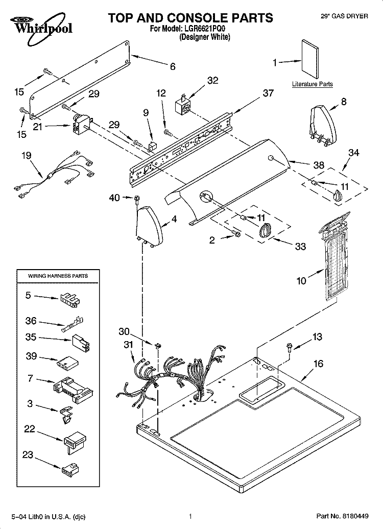 TOP AND CONSOLE PARTS Diagram and Parts List for LGR6621PQ0  Whirlpool Dryer
