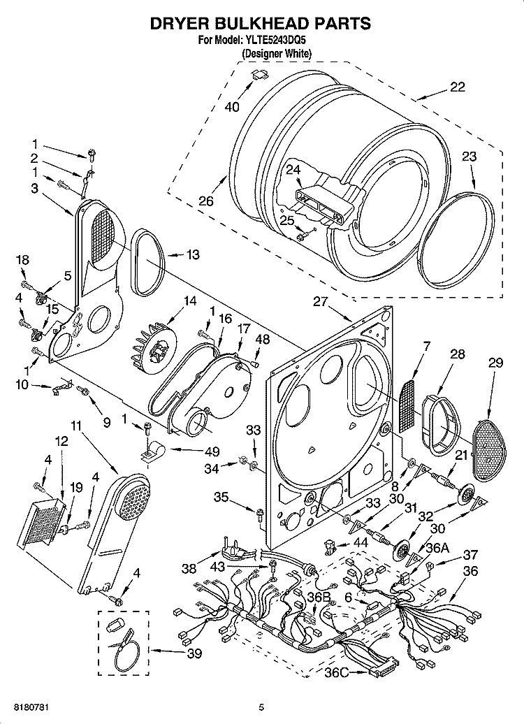 DRYER BULKHEAD PARTS Diagram and Parts List for YLTE5243DQ5  Whirlpool Washer Dryer Combo
