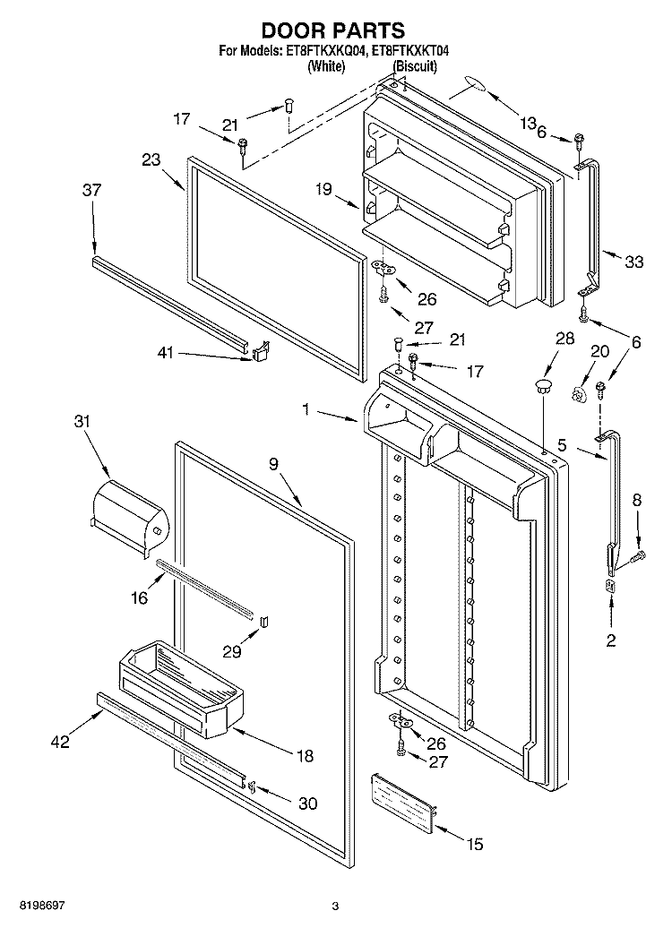 DOOR PARTS Diagram and Parts List for ET8FTKXKQ04  Whirlpool Refrigerator