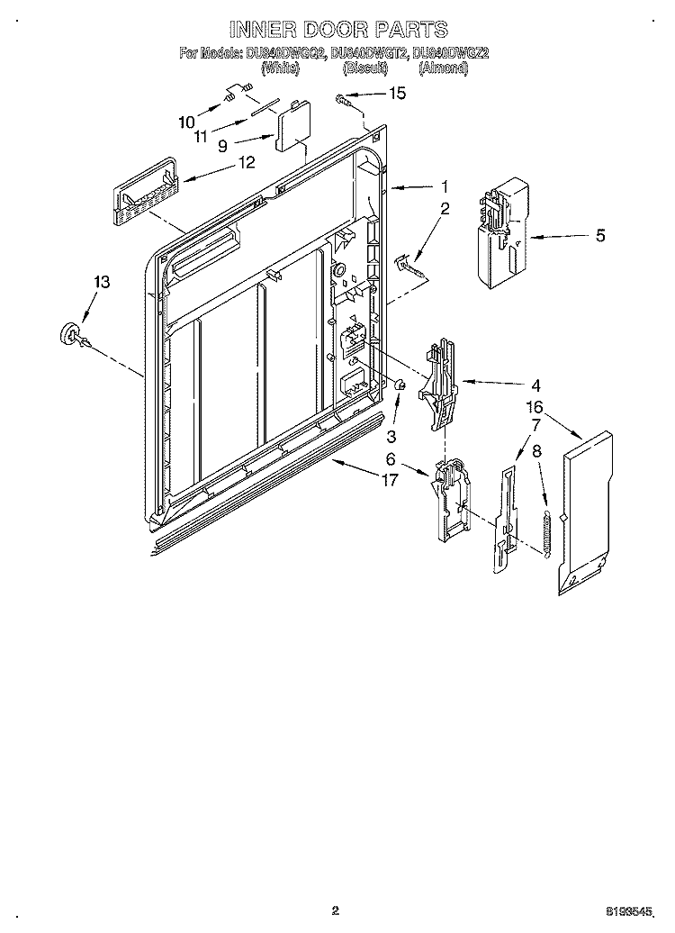 INNER DOOR Diagram and Parts List for DU840DWGZ2  Whirlpool Dishwasher
