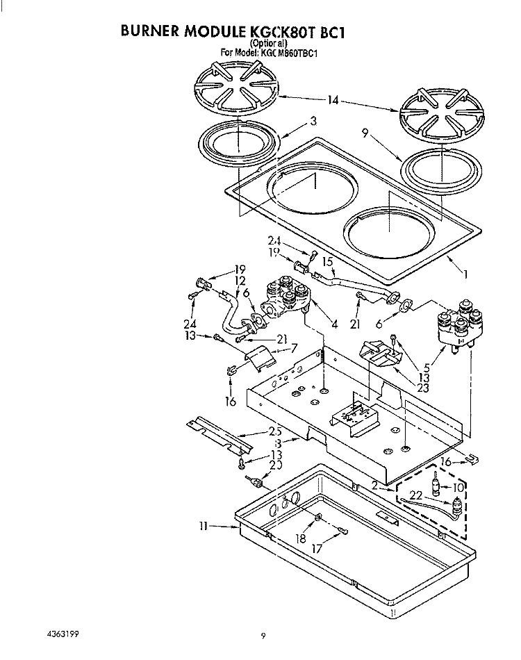 OPTIONAL BURNER MODULE Diagram and Parts List for KGCM860TBC1  KitchenAid Cooktop