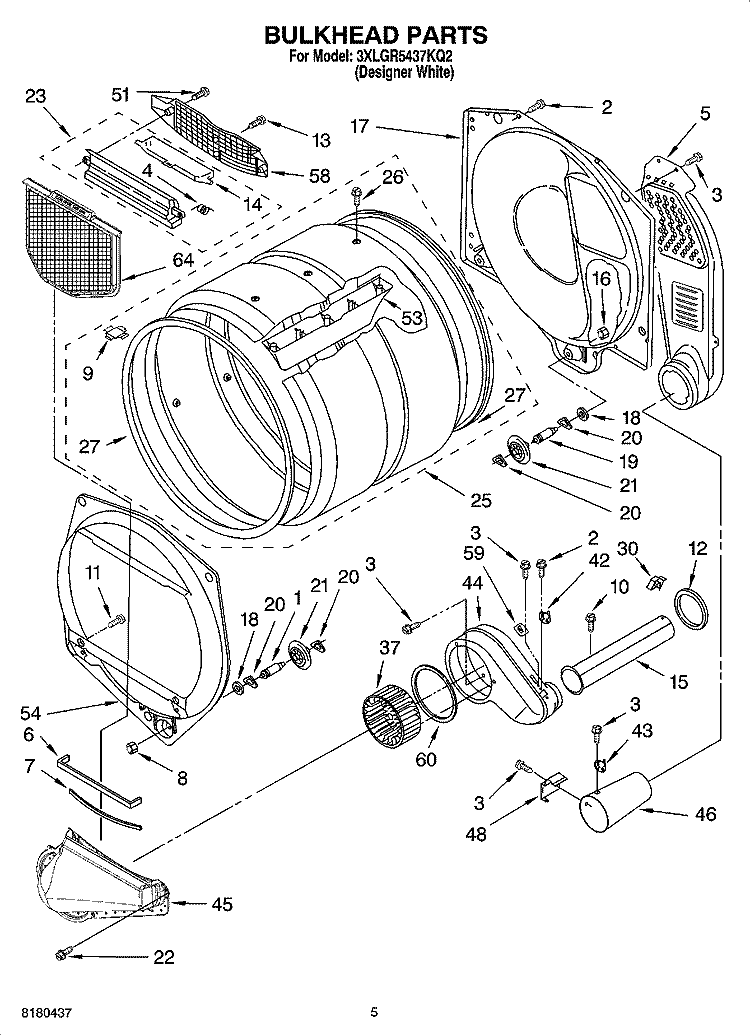 BULKHEAD PARTS Diagram and Parts List for 3XLGR5437KQ2  Whirlpool Dryer