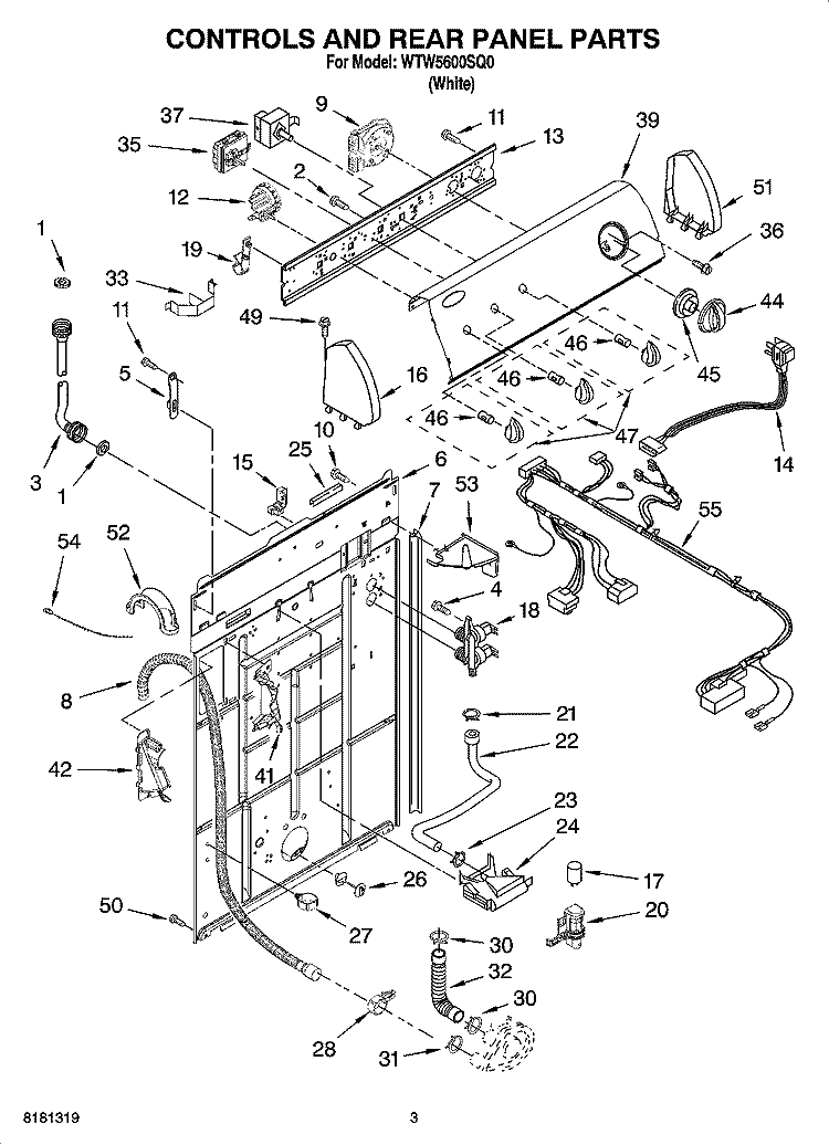 CONTROLS AND REAR PANEL PARTS Diagram and Parts List for WTW5600SQ0  Whirlpool Washer