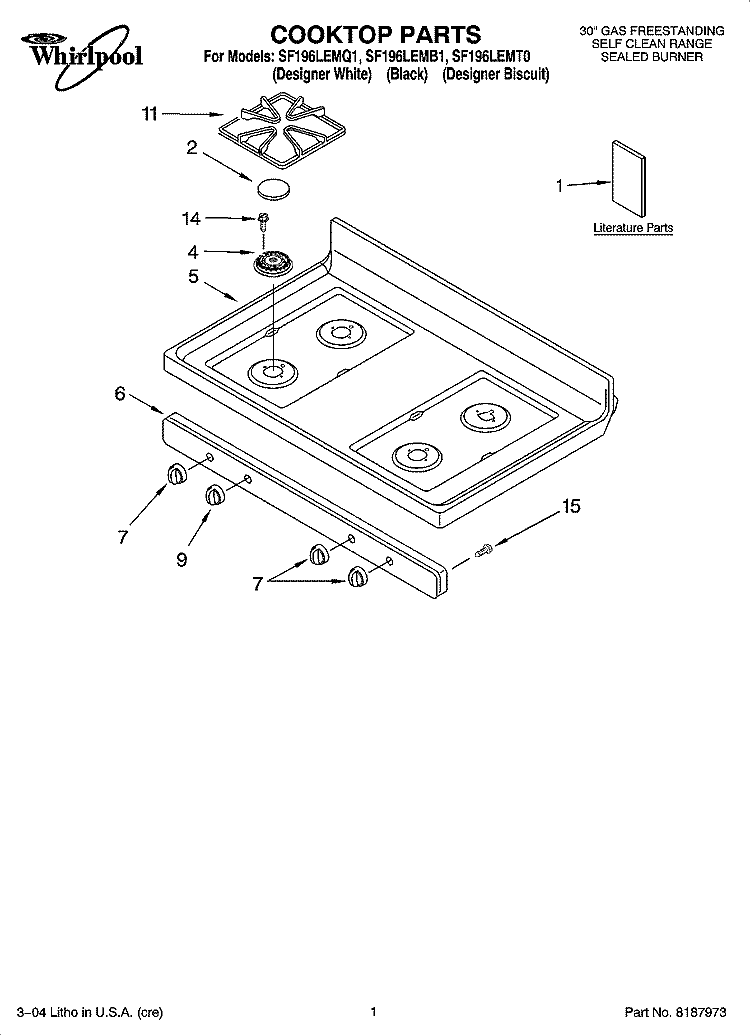 COOKTOP PARTS Diagram and Parts List for SF196LEMT0  Whirlpool Range