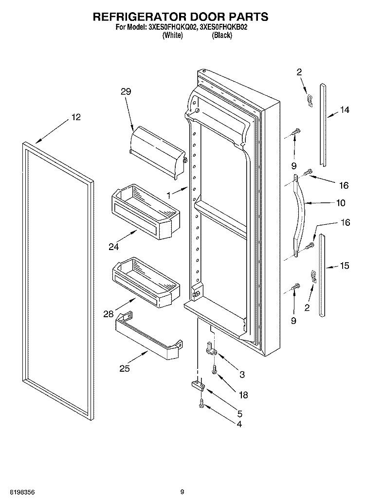 REFRIGERATOR DOOR Diagram and Parts List for 3XES0FHQKQ02  Whirlpool Refrigerator