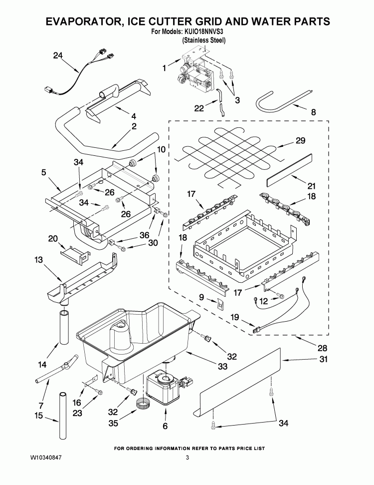 EVAPORATOR, ICE CUTTER GRID AND WATER PARTS Diagram and Parts List for KUIO18NNVS3  KitchenAid Ice Maker