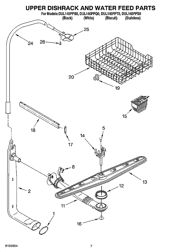 UPPER DISHRACK AND WATER FEED PARTS Diagram and Parts List for DUL140PPT0  Whirlpool Dishwasher