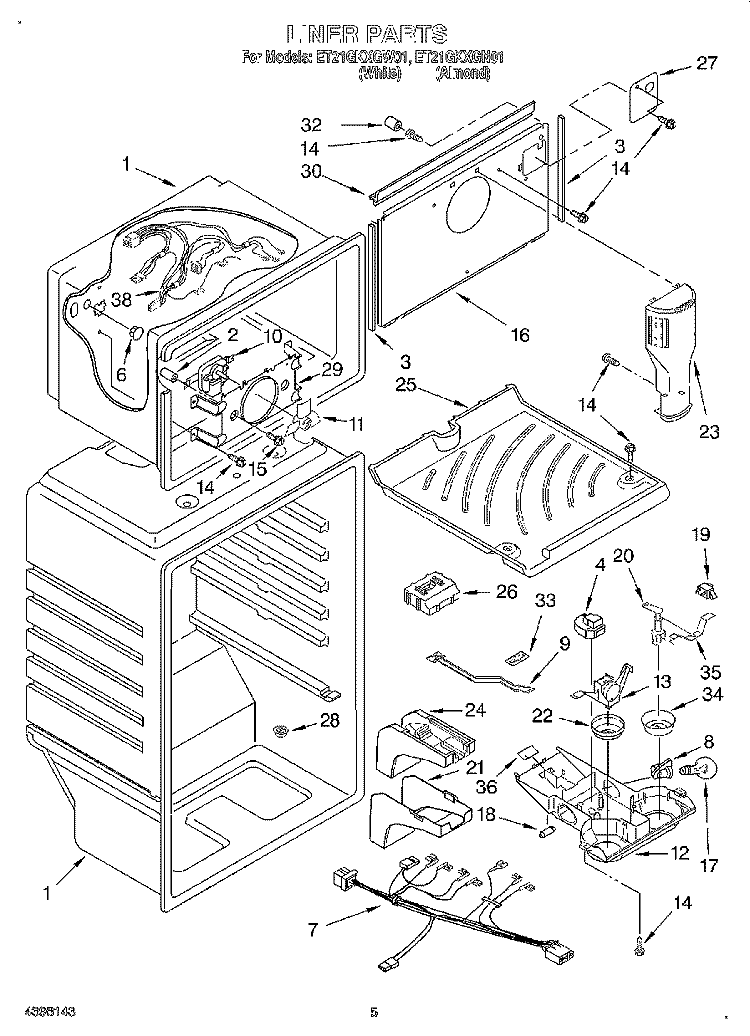 LINER Diagram and Parts List for ET21GKXGW01  Whirlpool Refrigerator