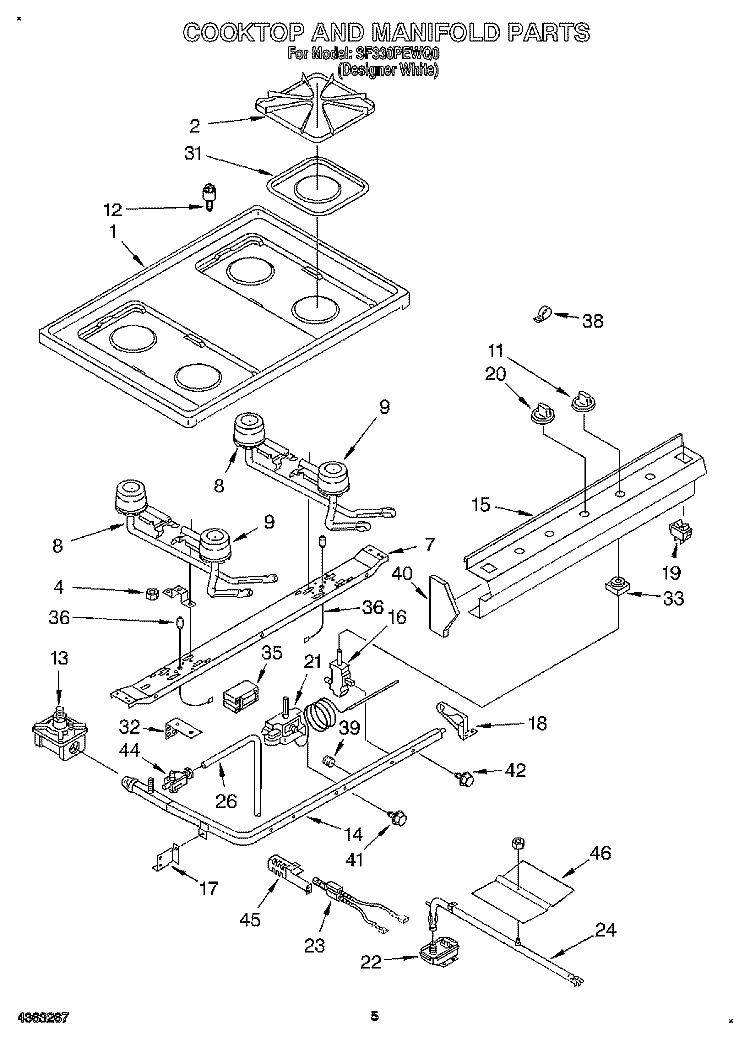 COOKTOP AND MANIFOLD, LITERATURE Diagram and Parts List for SF330PEWQ0  Whirlpool Range