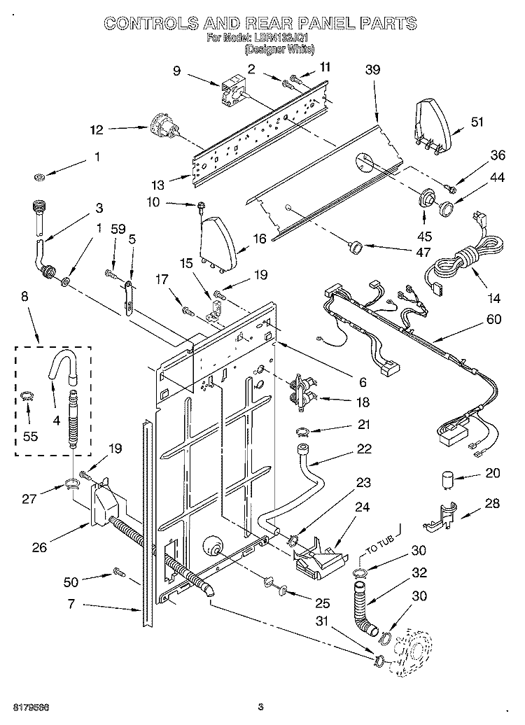 CONTROLS AND REAR PANEL Diagram and Parts List for LBR4132JQ1  Whirlpool Washer