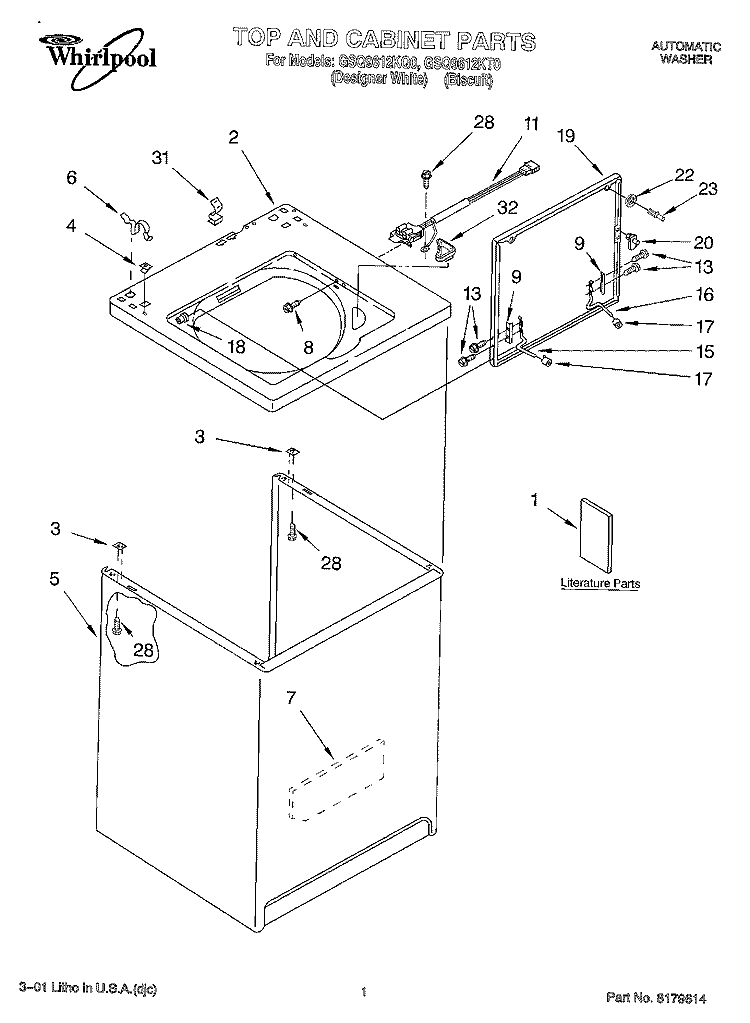 TOP AND CABINET, LITERATURE Diagram and Parts List for GSQ9612KT0  Whirlpool Washer